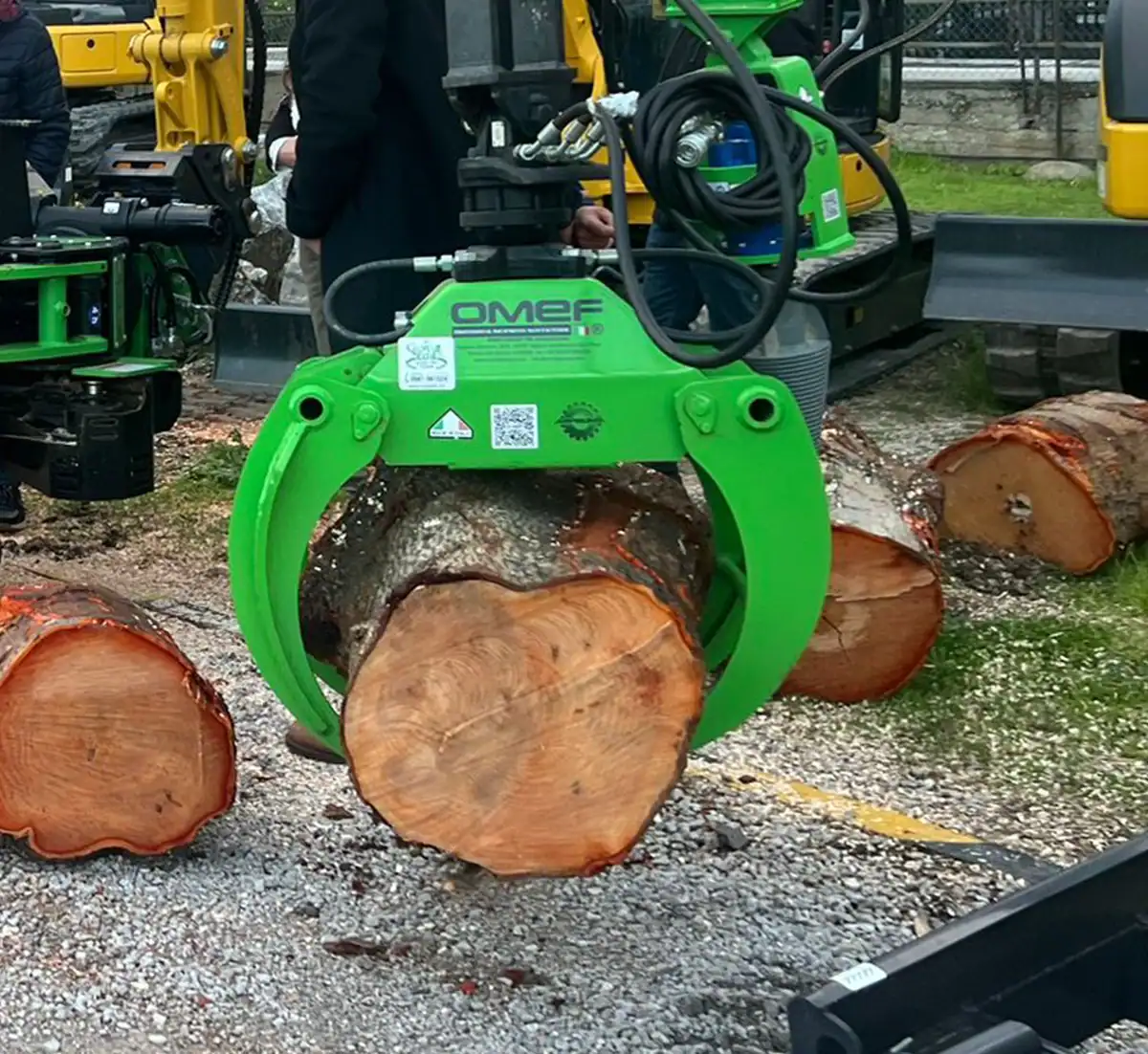 Green OMEF PFIMX log grapple closed around a freshly cut hardwood log, with more logs laid out on the ground behind it