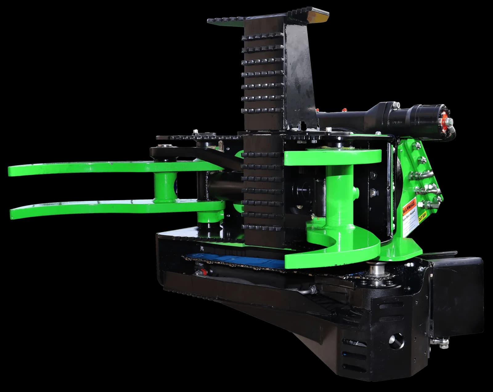 Studio view of the OMEF GS400 grapple saw showing the twin grapple arms, toothed clamping plates, saw housing and rotation motor