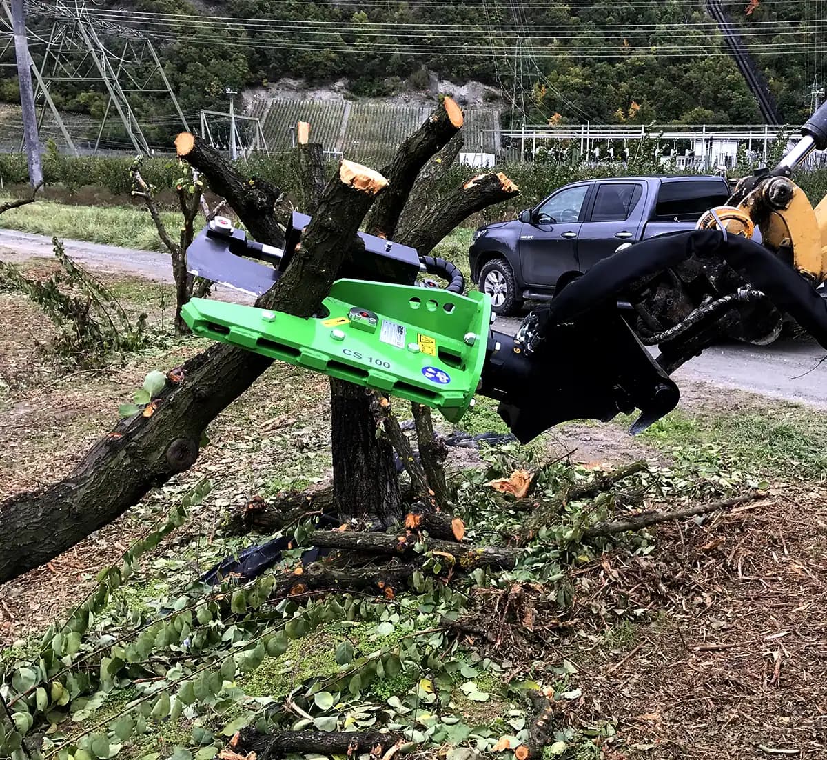 Close view of the OMEF CS forestry pruner's cutting bar part-way through a limb, showing the guard and chain path