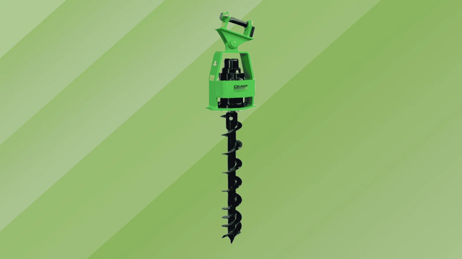 Studio view of the OMEF TRV auger drill, showing the drive head, mounting frame and continuous flighting on the drill stem